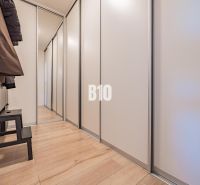 A hallway in a 3-room apartment with storage space and a floor with a wood decor.