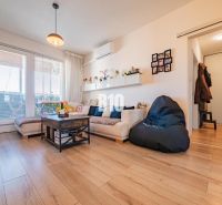 Living room in a 3-room apartment with a wooden decor floor, a sofa, and large windows.