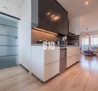 Kitchen and living room in a 3-room apartment with a wooden decor floor.
