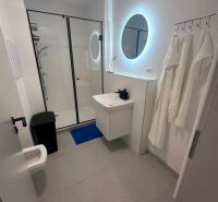 A bathroom with a round mirror, a shower corner, and a sink in a 2-room apartment.