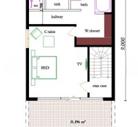 Floor plan of a family house with a bathroom, living room, bedroom, and a luxurious terrace.