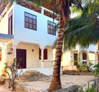 A family house in Fumba Town surrounded by palm trees and tropical vegetation, stairs leading to the veranda.