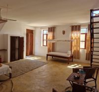 A spacious room with a bed, chairs, and a ladder in a family house.