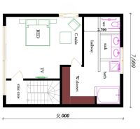 Plan of a family house with a bathroom, staircase, bedroom, and wardrobe.