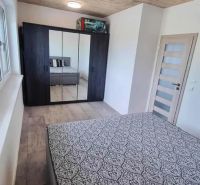 A bedroom in a family house with a wooden decor floor, a mirrored wardrobe, and a bed.
