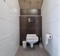 A toilet in a family house with white and brown tiles.
