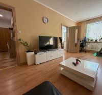 Living room in a 3-room apartment with a wooden decor floor, television, and a treadmill.