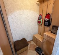 Entrance hall in a 3-room apartment with tiles and a wooden coat rack panel.