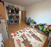 A children's room with a wooden decor floor full of toys and games in a 3-room apartment.