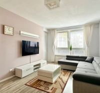 Living room with a corner sofa, TV, coffee table, and floor with wood decor.