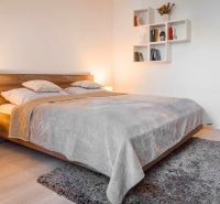 Bedroom in a 2-room apartment with a double bed, wood-patterned flooring, and a carpet.