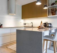 A kitchen with a wood-patterned floor, a dining counter, and pendant lights in a two-room apartment.