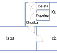 Floor plan of a 2-room apartment with a kitchen, bathroom, and toilet.