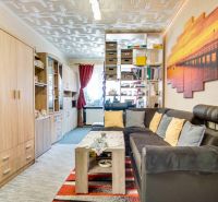 Living room in a two-room apartment with a sofa, bookshelf, and a colorful painting on the wall.