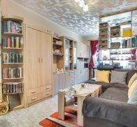 Living room with a bookshelf, sofa, and wooden decor flooring in a two-room apartment.