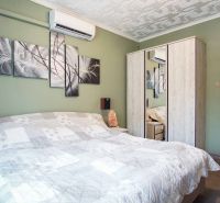 A bedroom in a 2-room apartment with air conditioning and art on a green wall.