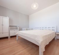 Bedroom in a two-room apartment with wood-patterned flooring, light furniture, and a lamp.