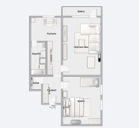Floor plan of a 2-room apartment with a balcony: kitchen, living room, bathroom, bedroom.