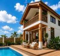 A family house in the city of Pwani Mchangani with a terrace, a pool, and tropical vegetation.