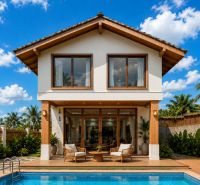 A family house in Pwani Mchangani with a garden terrace, a swimming pool, and palm trees in the background.