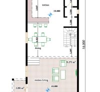 Ground floor plan of a family house with an entrance hall, kitchen, and dining room.