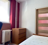 A room in a 2-room apartment with wooden decor, furniture, and a radiator.