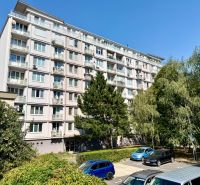 Apartment building on Piešťanská Street in Bratislava - Nové Mesto surrounded by greenery and a parking lot.