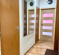 A hallway with a wooden decor floor in a 2-room apartment, a mirror and a clock on the wall.