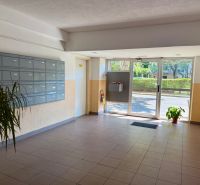 Entrance hall of the building with mailboxes and glass doors, 2-room apartment.