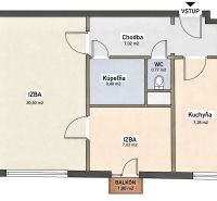 Floor plan of a 2-room apartment with a bathroom, kitchen, balcony, and hallway.