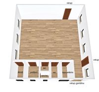 Floor plan of a production area with wood-patterned flooring, office, and storage.