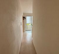 A narrow hallway leading to glass doors in a 4-room apartment.
