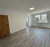 A room in a 3-room apartment with a wooden decor floor, white walls, and a window.