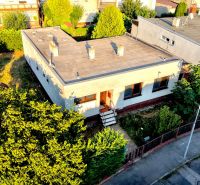 A family house in Nové Zámky with a garden and a flat roof, surrounded by greenery.