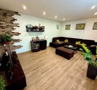 Living room in a family house with a sofa, shelves, and a wooden-patterned floor.
