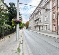 Palisades in the Old Town of Bratislava with historic buildings and floral decorations on the column.