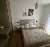 A bedroom in a 3-room apartment with a bed, a cabinet, and a floor with a wooden decor.