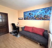 A room in a 3-room apartment with a wooden decor floor, a sofa, and a desk.