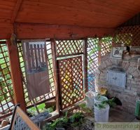 Covered terrace of the cottage in Gbelce with a brick outdoor fireplace and plants.