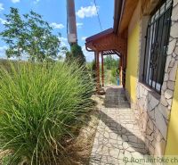 Cottage in Gbelce, stone path, terrace, grass, and wooden details.