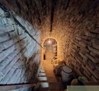 Stone vaulted basement in the cottage with stored items.