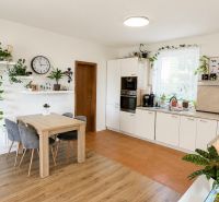 A kitchen in a 3-room apartment with plants, a wooden decor floor, and a dining table.