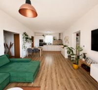 Living room in a 3-room apartment with a wooden decor floor and a green sofa.