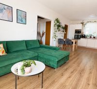 Living room in a 3-room apartment with a comfortable green sofa and a wooden decor floor.