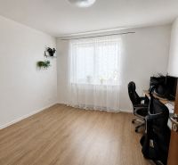 A room in a 3-room apartment with a wooden decor floor and a desk.