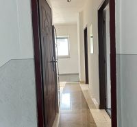A hallway with doors and a stone floor in a 2-room apartment.