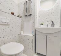Bathroom in a 2-room apartment with terrazzo tiles, a sink, and a mirror.