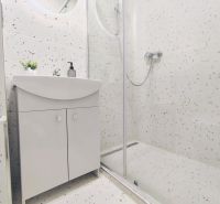 A bathroom with a sink, a shower corner, and terrazzo tiles in a 2-room apartment.