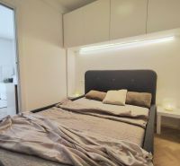 Bedroom with a bed, nightstand, and storage cabinets in a 2-room apartment.