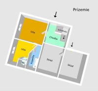 Ground floor plan of a family house in Hajnáčka with rooms, bathroom, and storage areas.